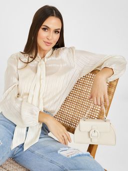 Styli - Tie-up Neck Striped Textured Woven Regular Fit Blouse
